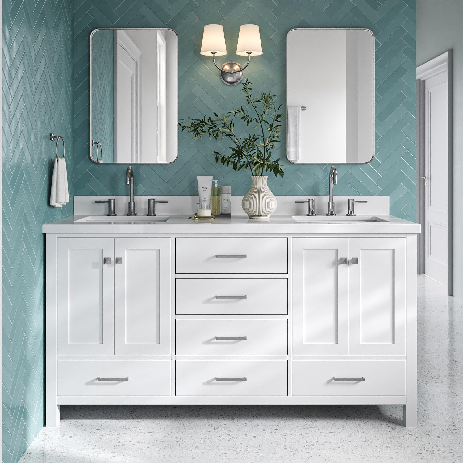 DKB Beckford 66" White Double Bathroom Vanity, 1.5" Edge Pure White Quartz Countertop, 2 Rectangular Undermount Sinks, 4 Soft Closing Doors, 6 Dovetail Drawers