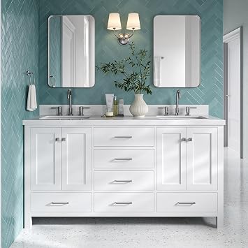 Beckford 66" White Double Bathroom Vanity, 1.5" Edge Pure White Quartz Countertop, 2 Rectangular Undermount Sinks, 4 Soft Closing Doors, 6 Dovetail Drawers