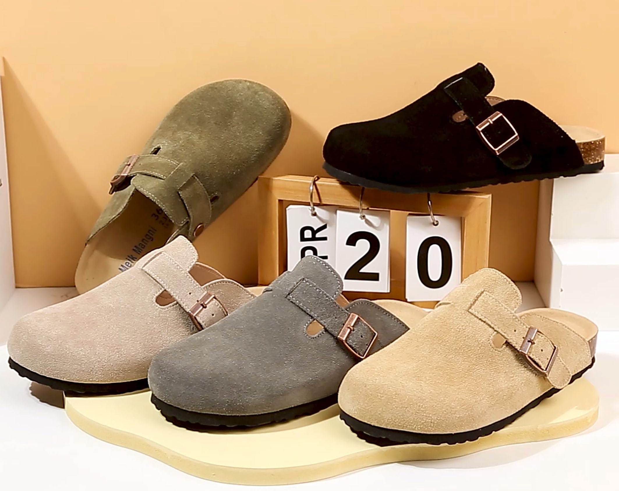 Meik Mangni Zuecos y Mules Ante para Mujer Pantuflas de Piel con Corcho Cerradas Hombre Mules Cómodos Zapatillas de Jardín con Hebilla Ajustable,36-47 EU