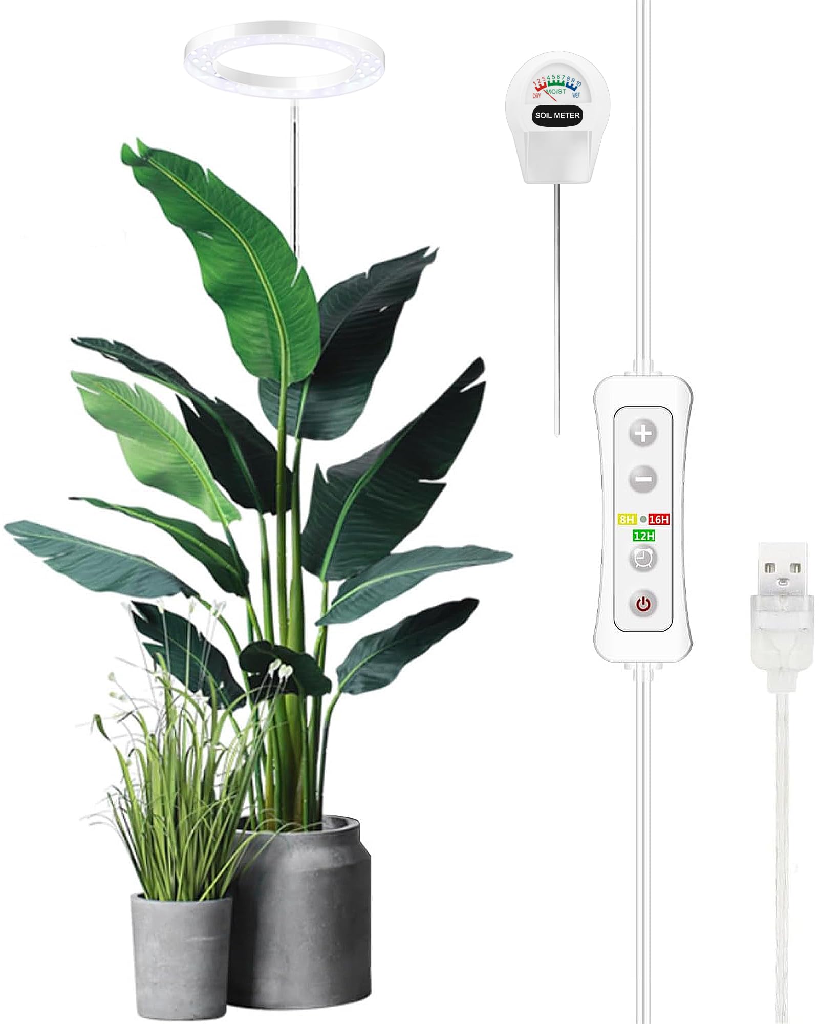 yadoker led growing light, full spectrum for indoor plants, paired with a soil tester,height adjustable, automatic timer, low safe voltage, ideal for large plants