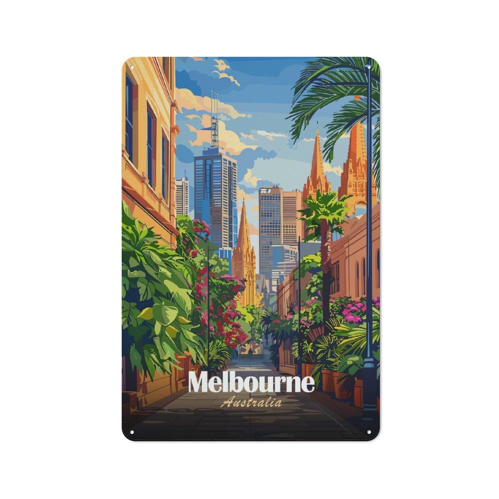 Junmoney Style-3 Melbourne Australia Cityscape Illustration Farmhouse Metal Sign 30X20cm, Rustic Country Wall Plaque For Farmhouse Kitchen, Pantry Or Dining Area