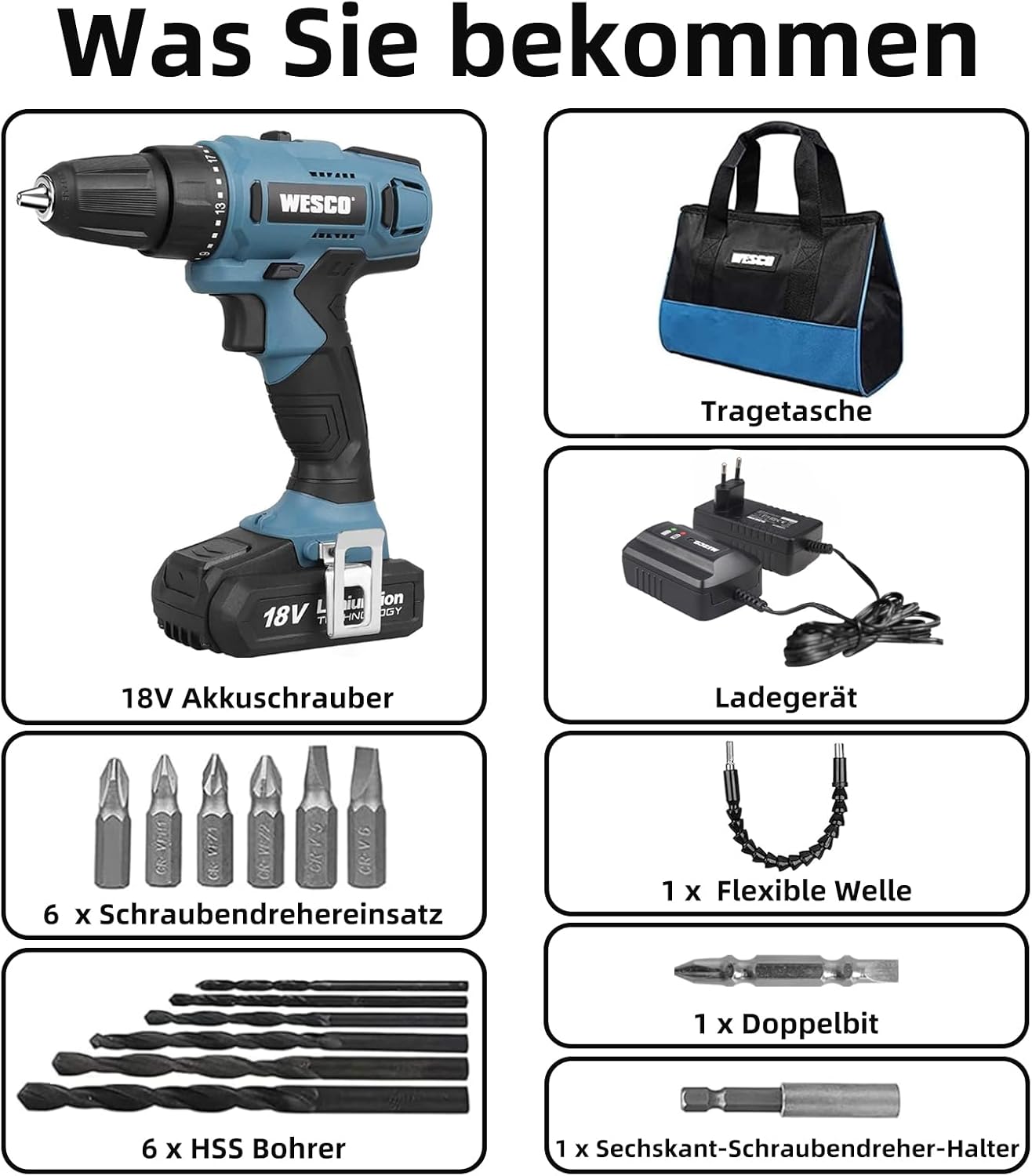 Diagram showing all components included in the WESCO drill driver package