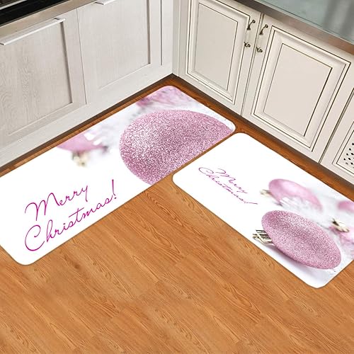 Tapetes de cocina para piso, 2 piezas, bola decorativa brillante rosa de Feliz Navidad, antideslizantes, juego de alfombras de pasillo lavables,