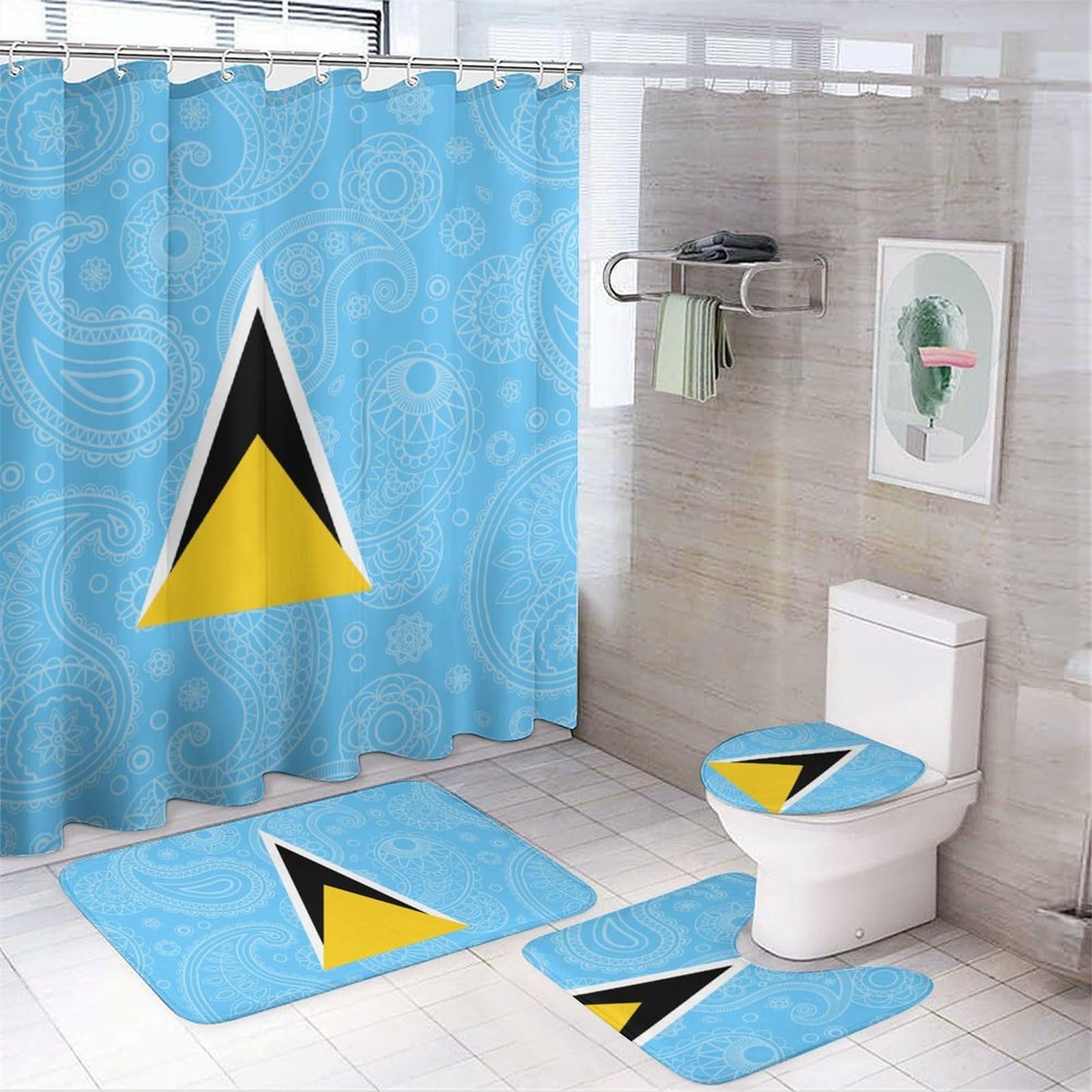 CGSBNGHA Saint Lucia Paisley Flag Shower Curtain Set 4 Piece Bathroom Sets with Rugs Toilet Lid Cover And U-Shaped Floor Mat