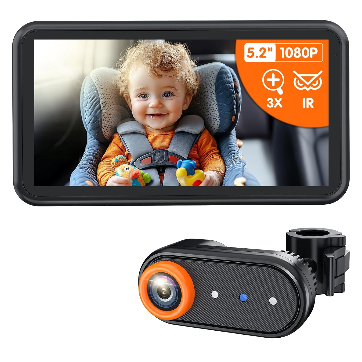 BM2A Baby Car Camera – 3X Zoom to See Baby Clearly, 5.2" 1080P Display & Auto IR Night Vision, Rear-