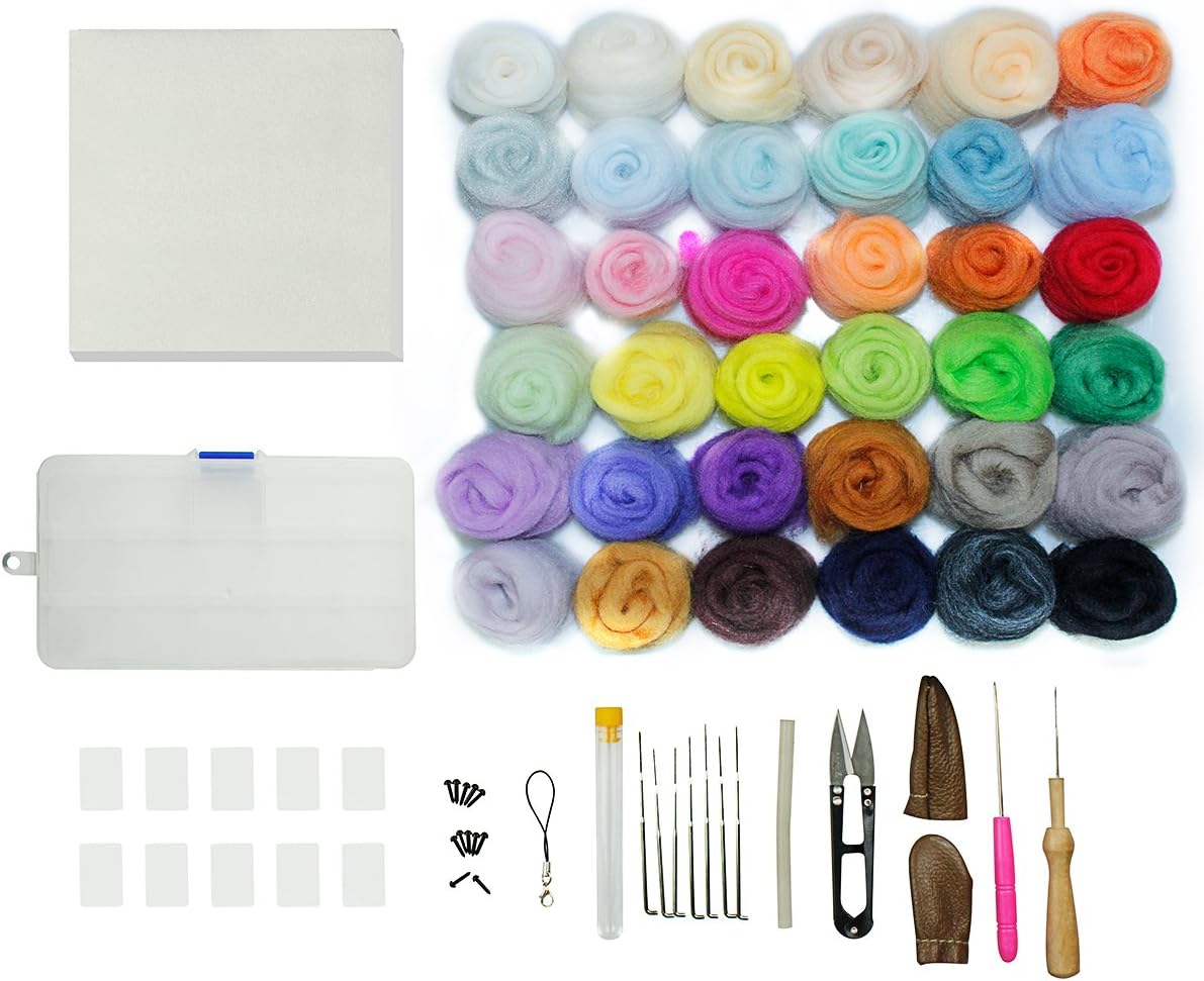 Craft Needle Felting Kit, 36 Colors Needle Felting Wool Set Starter Kit Wool Felt Tools, Wool Fibre Hand Spinning DIY Craft Supplies