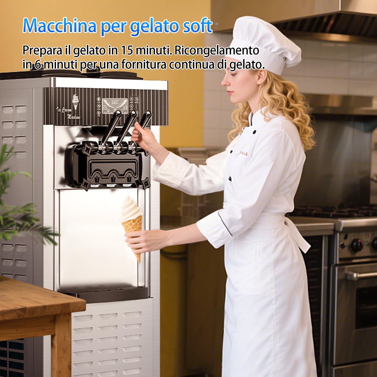 Gelatiera Professionale Soft Serve con compressore autorefrigerante, Con funzione di conservazione, Preparazione in 15min, 2200W, autoportante, Acciaio Inox, 6L x 2