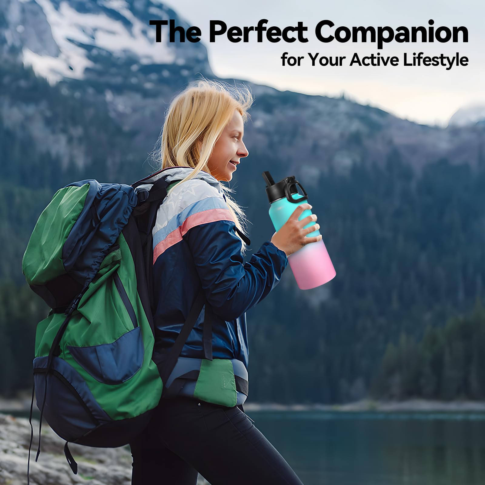 Neihepal Isolierte Wasserflasche, 18/8 Edelstahl, doppelwandig, mit Strohhalm-Deckel und Auslaufdeckel, hält warm und kalt, ideal für Fitnessstudio, Schule, Outdoor, Camping, Sport, Grün, Pink, 4
