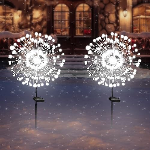 Vista 49 de Luces solares de fuegos artificiales para jardín, impermeables, paquete de 6, 120 luces LED, coloridas, para patio, patio, acera, Navidad, fiestas