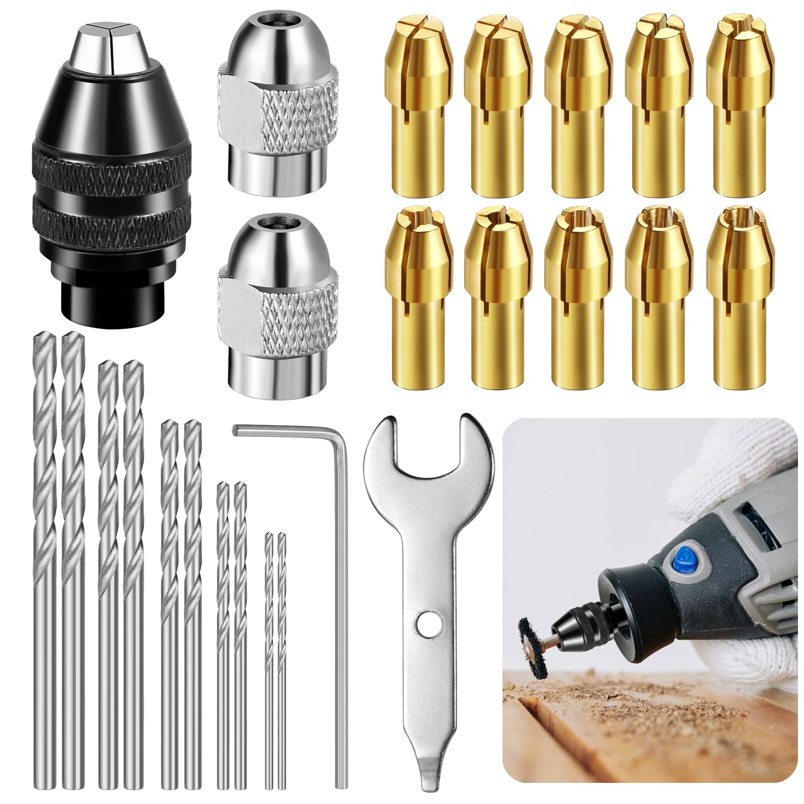 Celepoir 25 Pcs Drill Chuck Collet Kit, 0.8-3.2mm Multi Chuck Collet Set, with 10 Wood Drill Bit, Metal Nut & Wrench