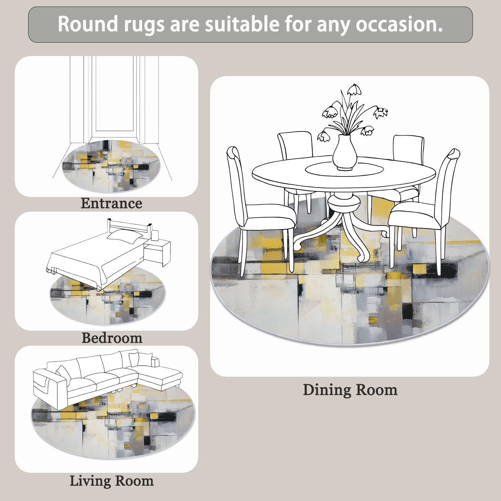Runder Teppich 150 cm (Round) für drinnen und draußen Minimalistisches abstraktes Senfgelb rutschfest, fusselfrei, Teppich für Küche, Veranda, Foyer Senfgelb Grau