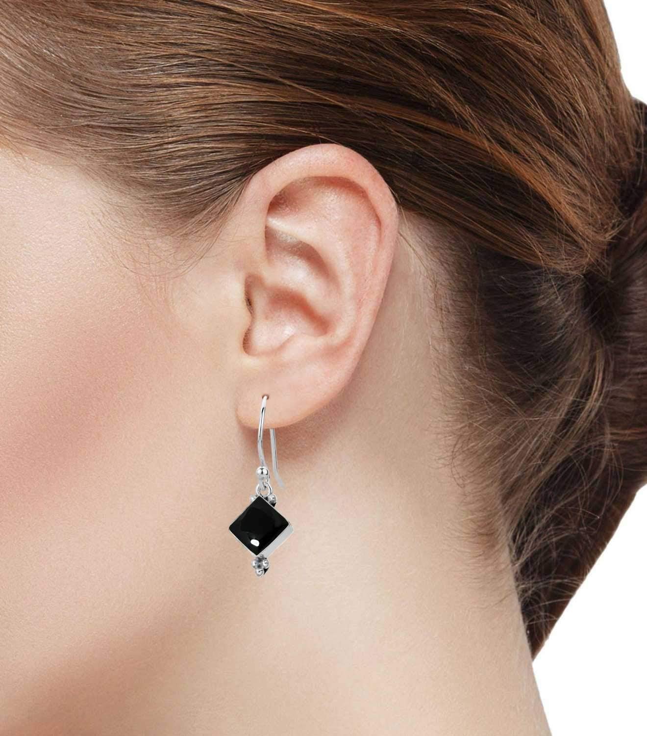 Boho Handmade Jewelry Natural Gemstone Agate, Amber, Crystal, Onyx Square Genuine 925 Sterling Silver Drop Dangle Earring For Women