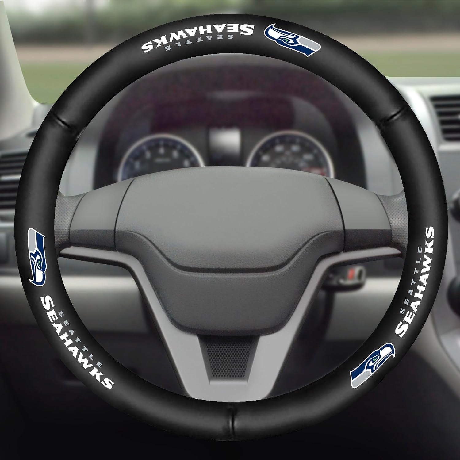 FANMATS 40490 NFL - Seattle Seahawks Genuine Leather Steering Wheel Cover | Black 15"x15" image 2