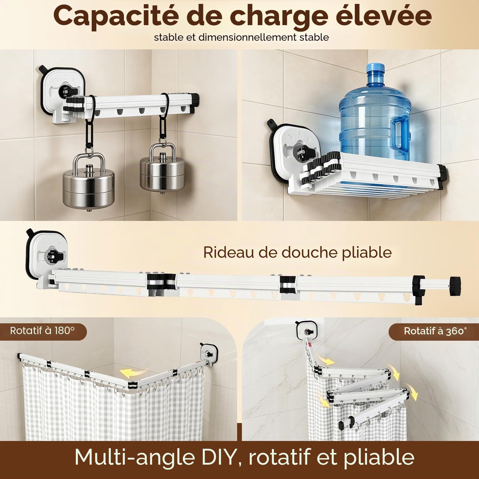 Rideau De Douche Sans Perçage,En Forme De L/U,5 Plis,190 cm | Ventouse Puissante,Tringle À Rideau De Douche Pliable Avec Ventouse,Tringle À Rideau De Douche Pour Douches D'Angle,Blanc