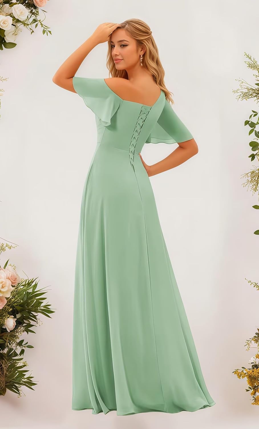 Long One Shoulder Bridesmaid Dresses with Slit for Women Short Sleeves Chiffon Formal Evening Gowns with Pockets - Image 5
