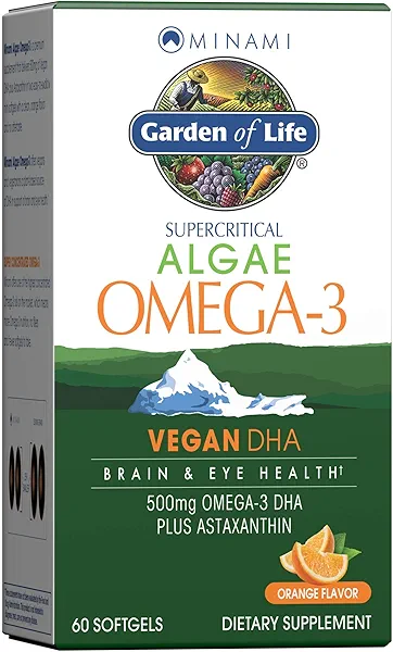 Garden of Life Minami Algae Omega 3 Vegan DHA for Brain and Eye Health - Orange Flavor, 500mg Plant Based DHA Omega-3 Vegan Algae Oil Plus Astaxanthin, No Aftertaste, 60 Easy-to-Swallow Mini