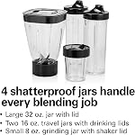 Système de mélangeur à smoothies Hamilton Beach MultiBlend, 650W, 4 récipients et couvercles incassables sans BPA, pichet de 32 oz, moulin de 8 oz, 2 tasses de voyage, Noir et acier inoxydable, 52400