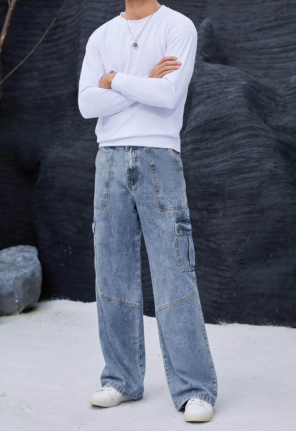 Mens Baggy Cargo Jeans Wide Leg Elastic Waist Jean Loose Fit Casual Denim Utility Pants Streetwear - Image 6