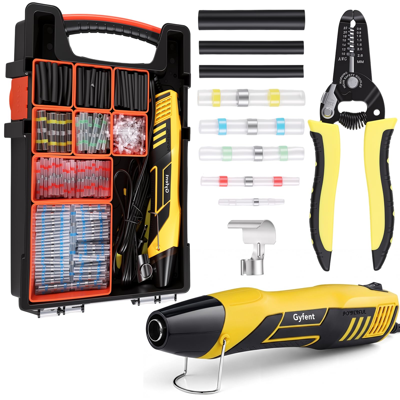 600 conectores de alambre termorretráctiles con pistola de calor y 300 tubos termorretráctiles y caja de almacenamiento, mini pistola de calor de 350 W de 2 temperaturas para reparación de
