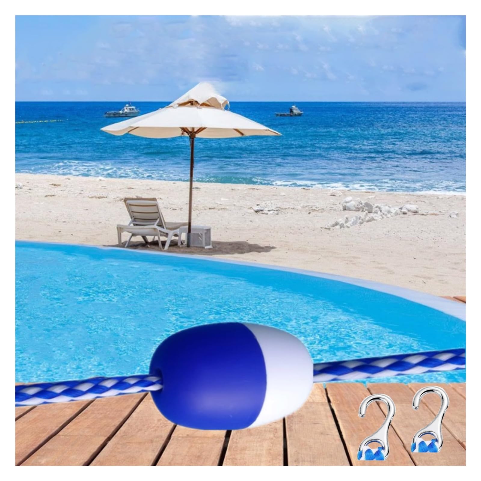 Corde de séparation de piscine 1m avec 3 flotteurs et 2 crochets