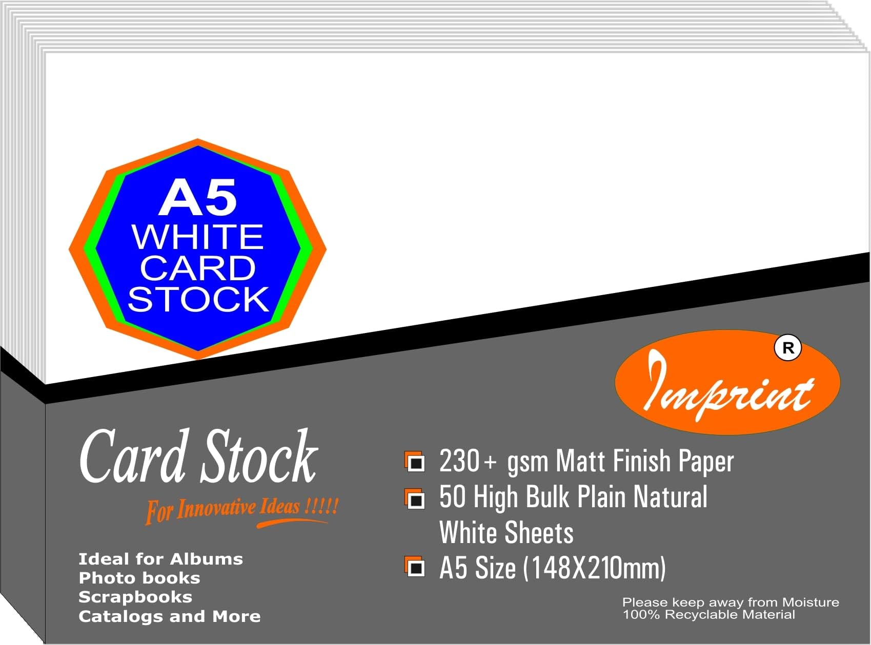IMPRINT A5 Card Stock White Color, 230 GSM Thick, Pack of 50