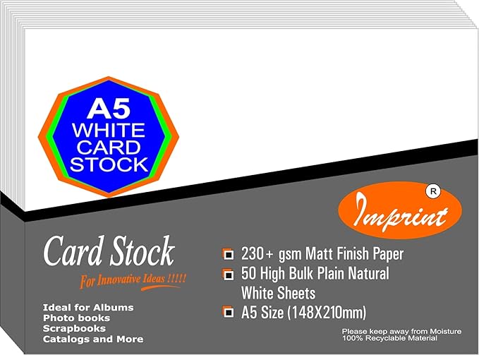 IMPRINT A5 Card Stock White Color, 230 GSM Thick, Pack of 50 Amazon