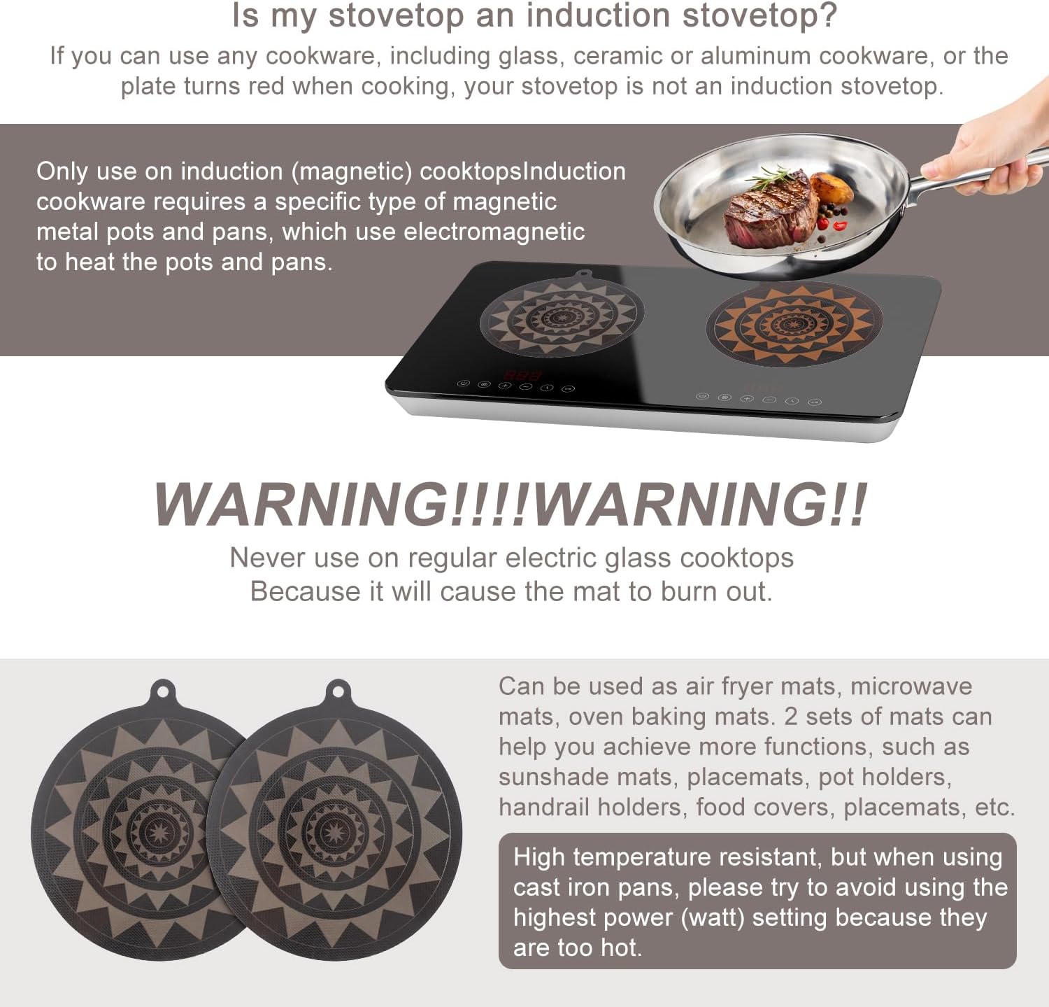PEUTIER 2pcs Induction Cooktop Protect Mat, 9.45 Inch Black Silicone Fiberglass Scratch Resistant, Anti-Slip Induction Stove Protector