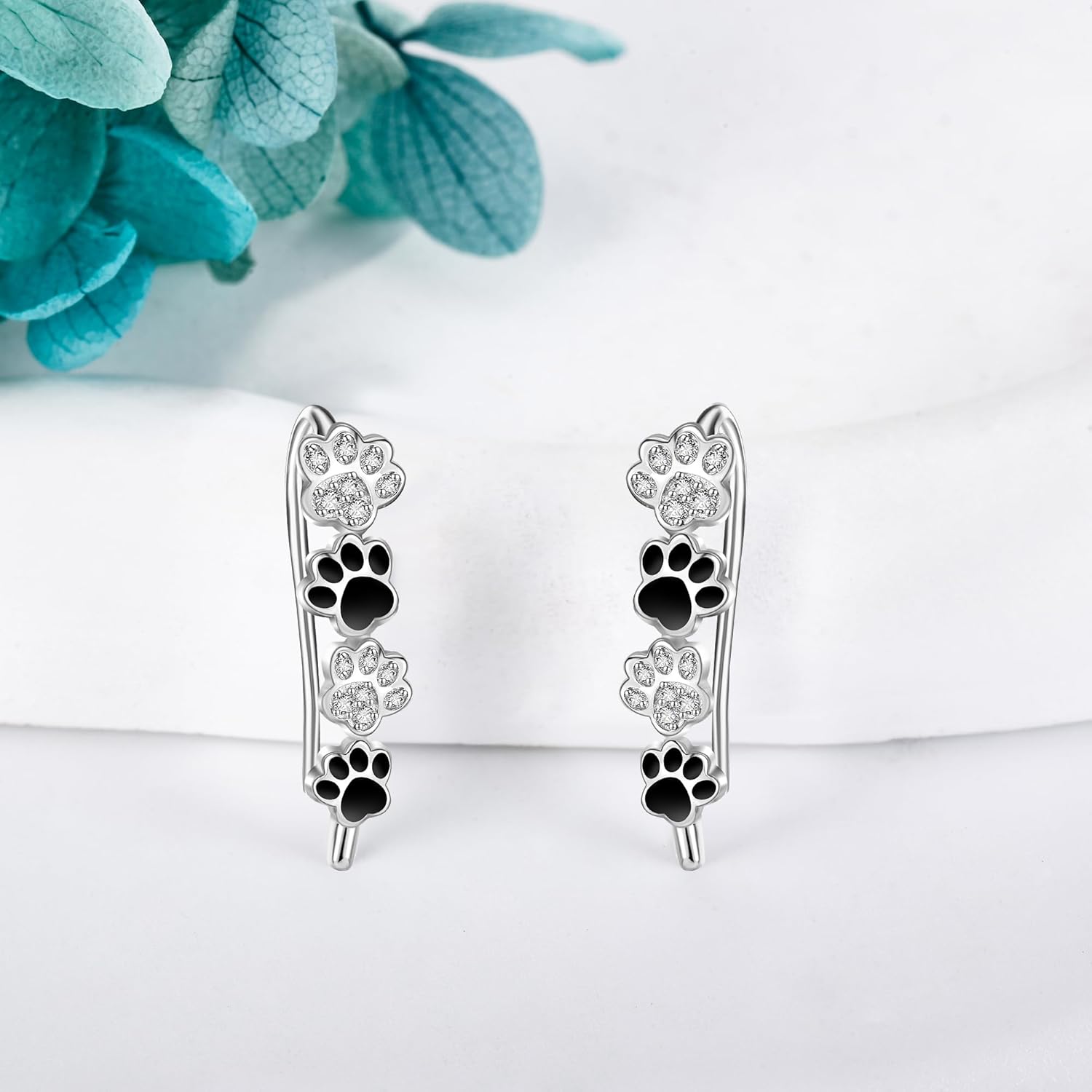 POPLYKE Blue Flower/Dog Paw Print Ear Crawler Earrings 925 Sterling Silver Ear Climber Cuffs Earrings for Women Climber Jewelry