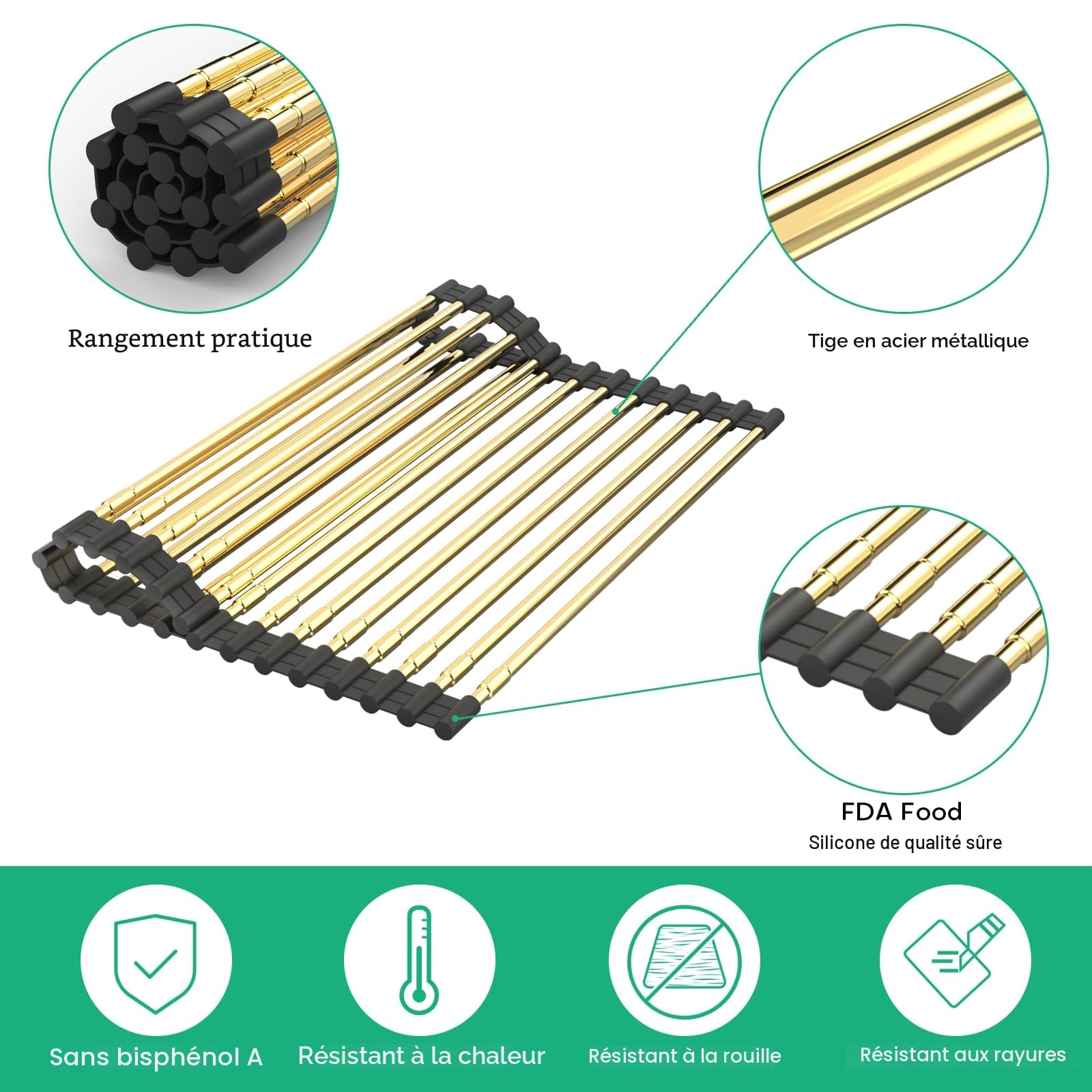 Grand égouttoir extensible,enroulable résistant à la chaleur pour éviers en acier inoxydable,pliable au-dessus de l'évier, égouttoir à vaisselle antidérapant en silicone doré,18 tubes,33 x54cm