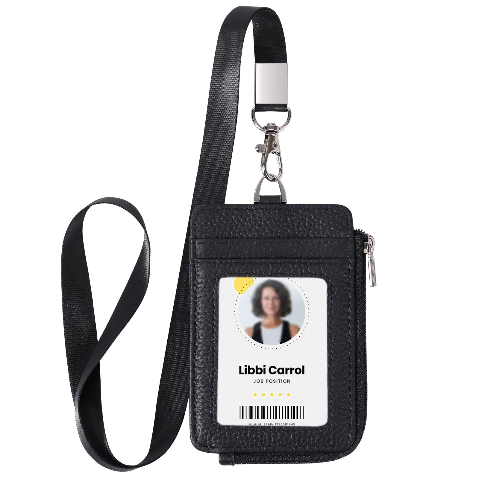 Genuine Leather id Badge Holder with Zipper Pocket,Vertical Lanyard Wallet,id Covers for Work Badge, Credit Card,Cruise Ship Cards,Black