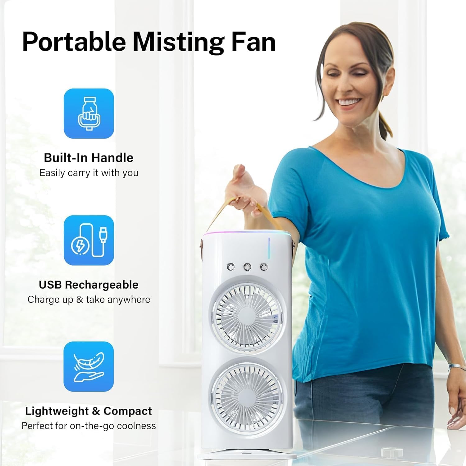 Pallavi Enterprise Dual-Head Tower Fan with Mist Cooling, 3 Speed Settings, 180° Adjustable, Remote Control, LED Lighting 3
