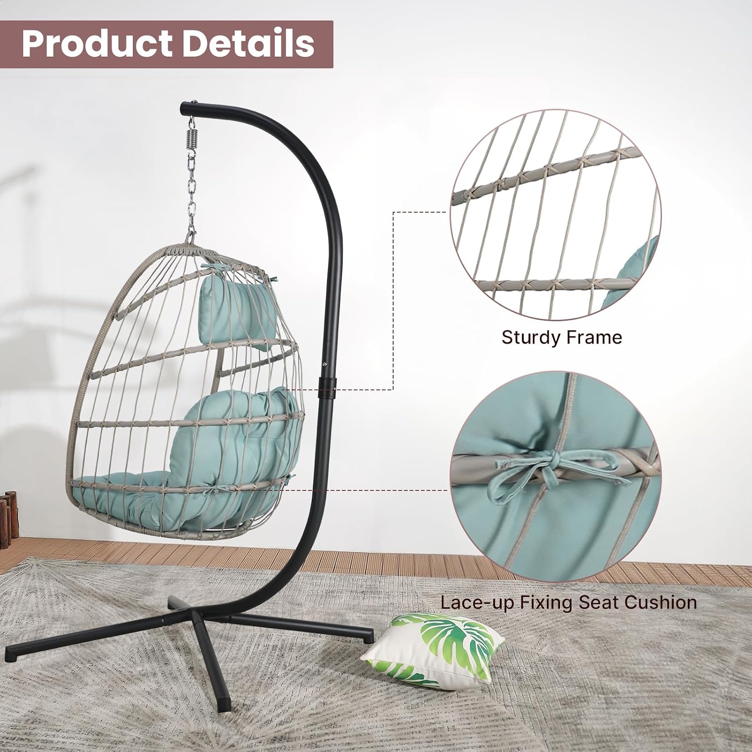 JOIVI Egg Swing Chair with Stand, PE Wicker Rattan Hanging Egg Chair Outdoor/Indoor, Hammock Egg Chair with Heavy Duty Steel Frame and Soft Cushions for Bedroom, Garden, and Patio Use, Light Green