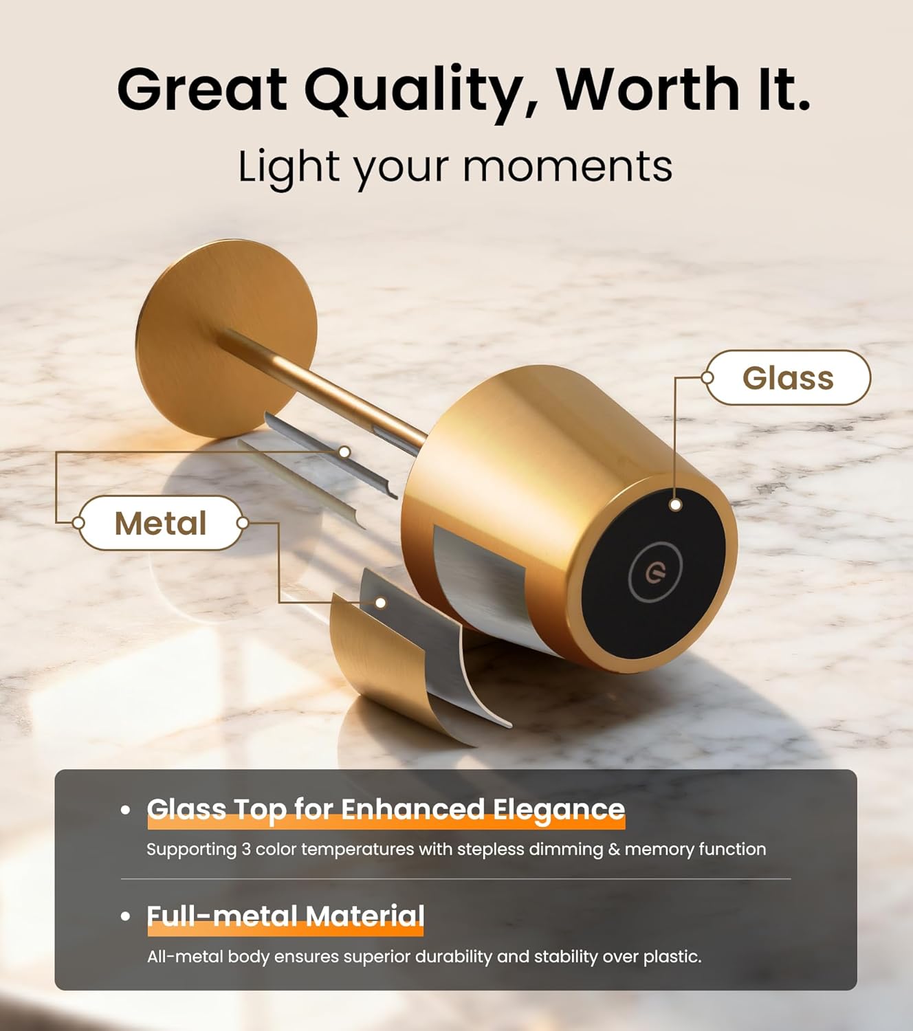 3 Pack Cordless Table Lamp, Portable Battery Operated Lamp with 3 Color Temps and Stepless Dimming, Rechargeable Table Lamp for Dinner, Desk, Cafe, Outdoor (Brushed Gold) - Image 6