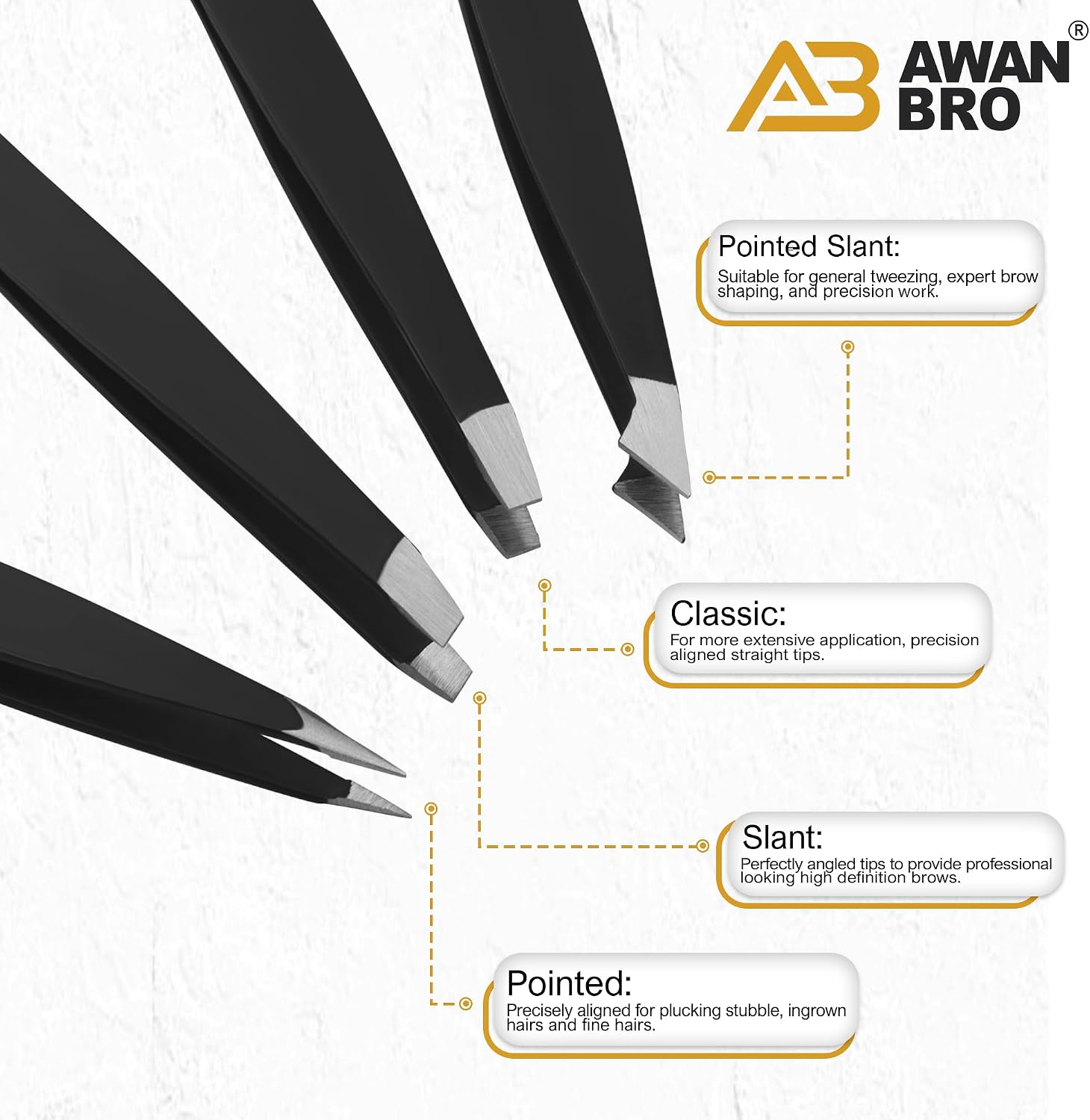 Premium Eyebrow Tweezers Set – Stainless Steel 4 Piece Black Tweezers for Women Facial Hair, Tweezer for Men & Women Perfect for Eyebrow Shaping - Includes Carrying Case & 4 Types of Tweezer.
