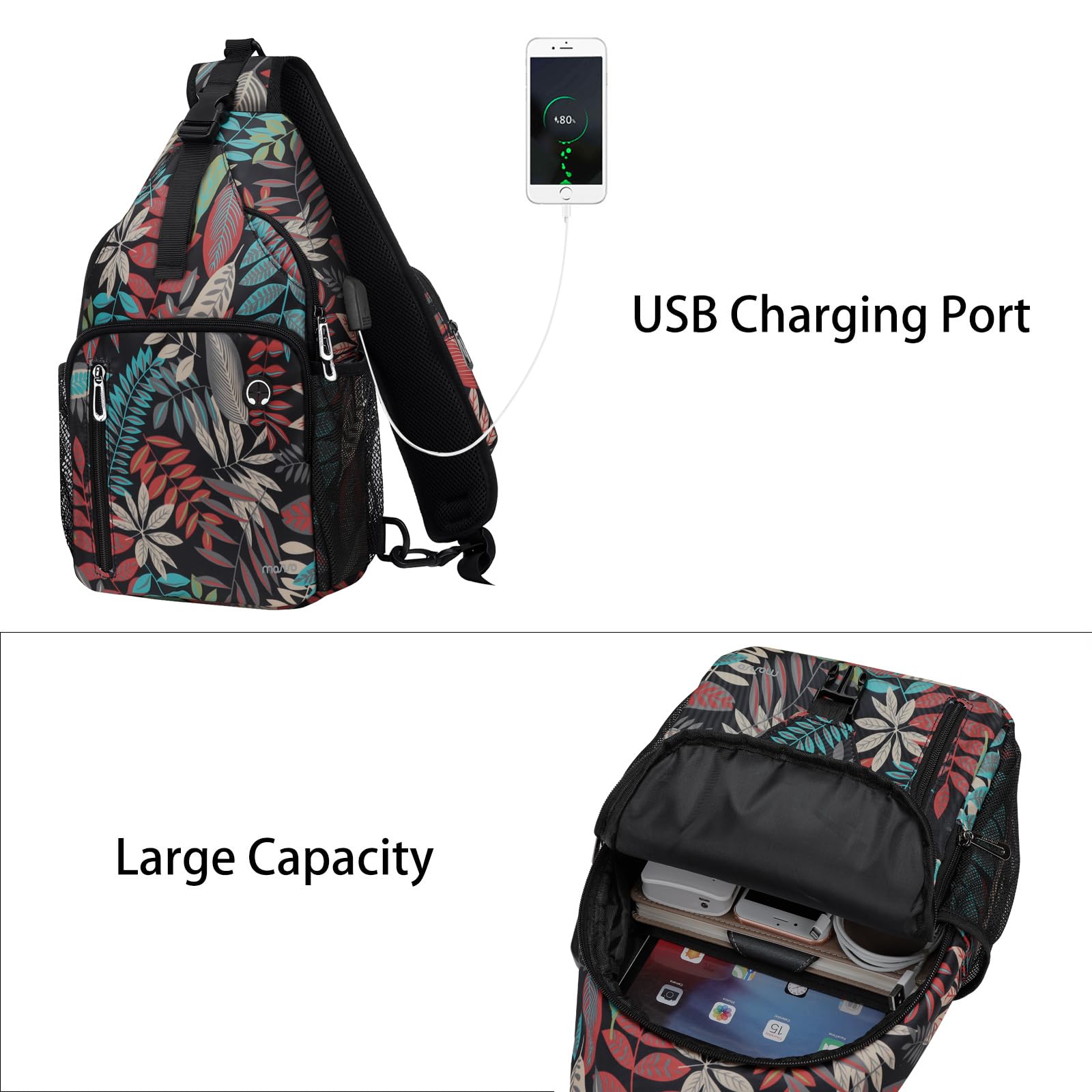 MOSISO Sling Backpack Bag, Crossbody Shoulder Bag Travel Hiking Daypack Chest Bag with Front Square Pocket&USB Charging Port, Creative Plant Leaves