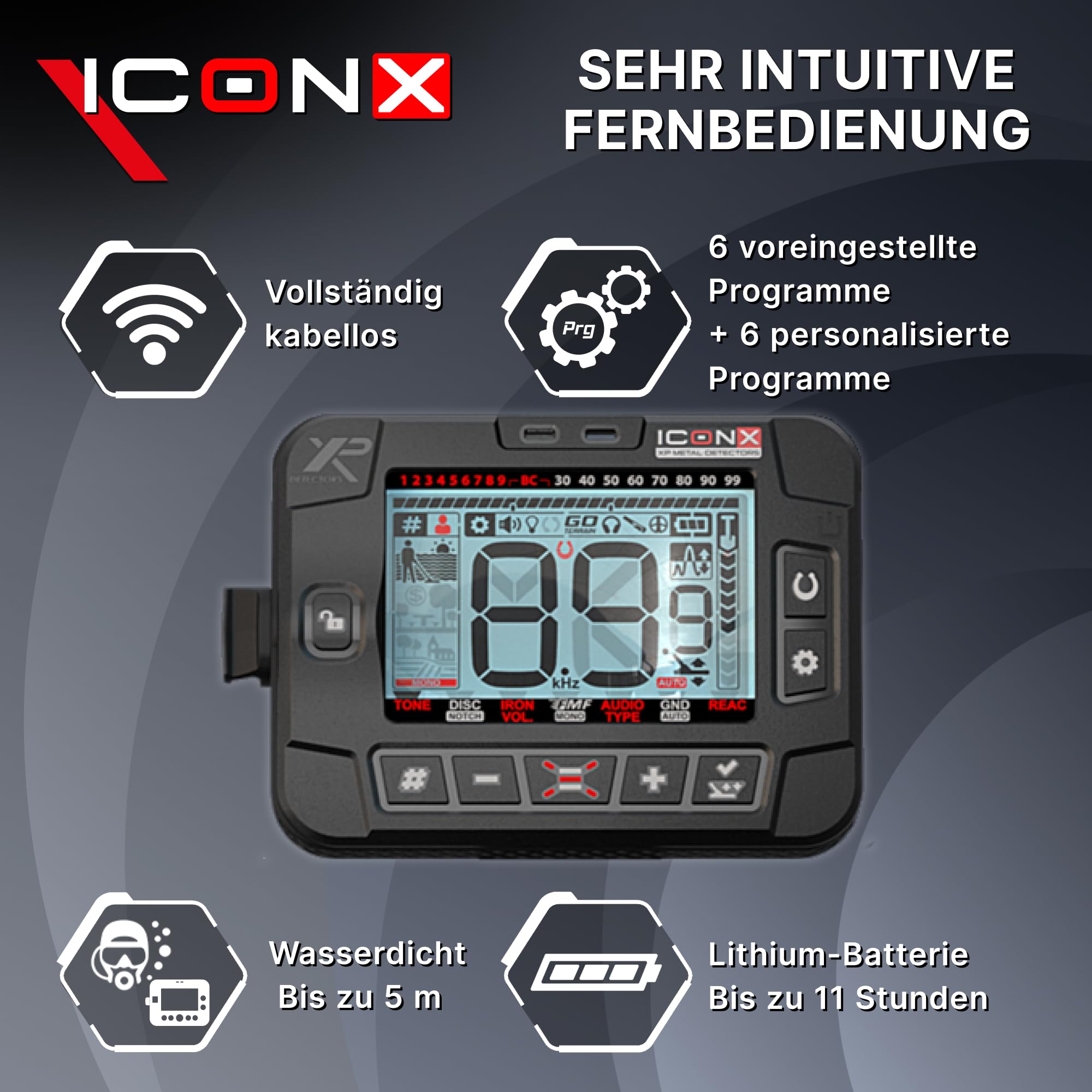 XP Metal Detectors ICONX – Leistungsstarker, einfacher und vielseitiger kabelloser Multifrequenz-Metalldetektor, Ultraleicht, wasserdicht, 28 cm FMF-Spule, kompatibel mit Deus II (ICONX-28FMFRC)