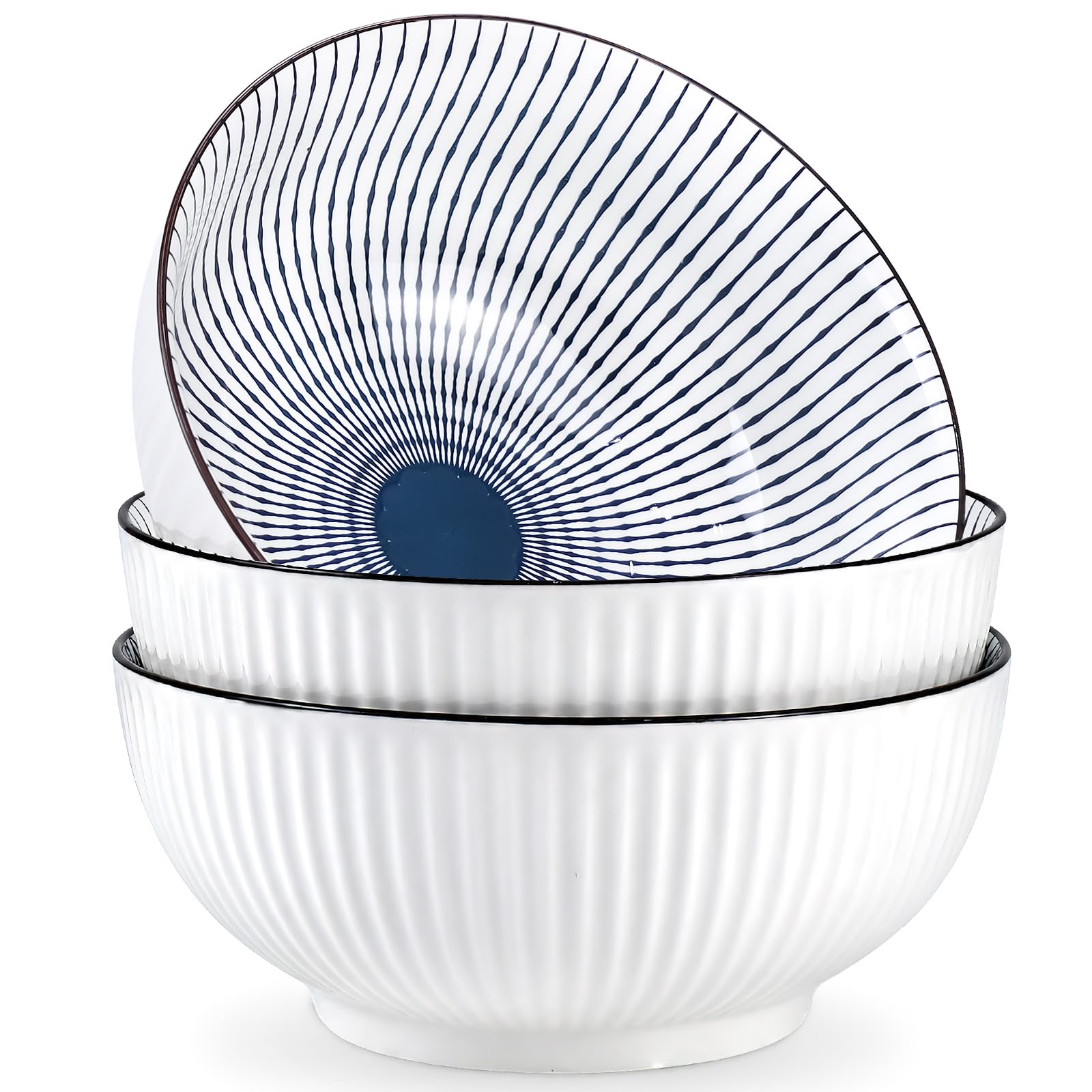 Japanese Ramen Bowls Set of 3, 1800 ml Large Soup Bowl (Striped Pattern