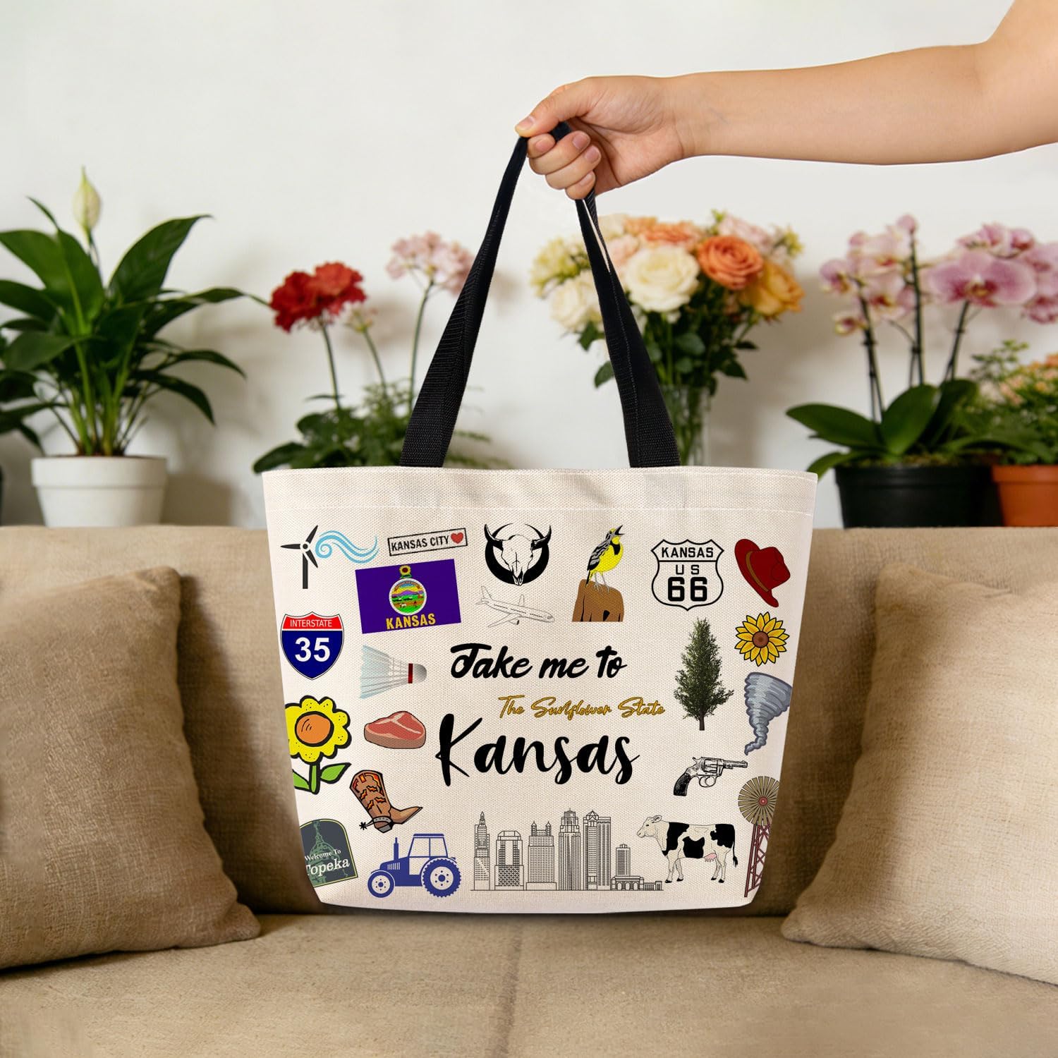 Take Me To Kansas Tote Bag Reusable Grocery Bags Aesthetic Shopping Shoulder Handbag with Interior Pocket Lightweight & Washable Stylish Kansas Travel Present for Women - Image 3