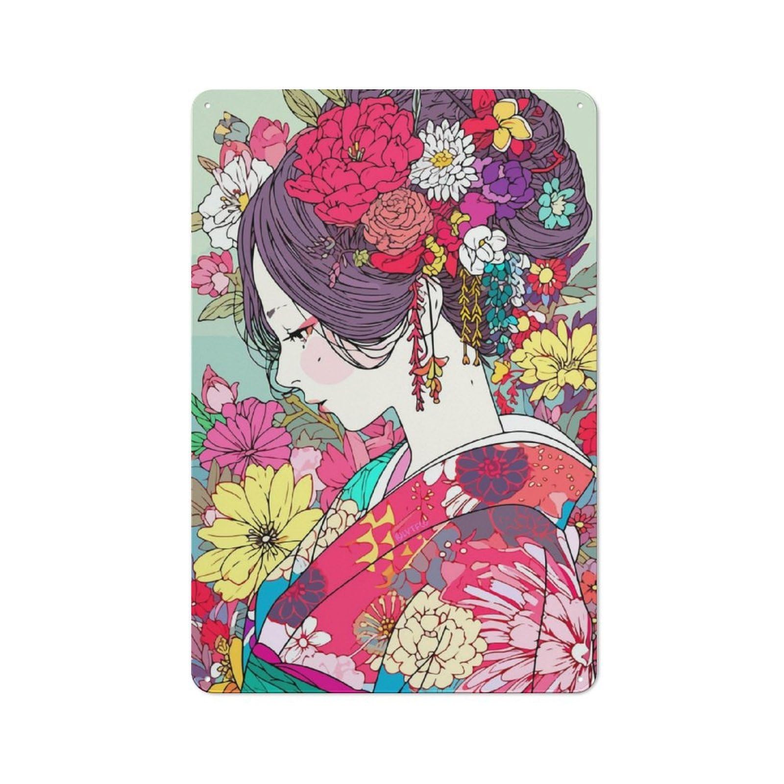 Junmoney Girls Kimono Pastel Flower Rustic Metal Plaque 30X20cm For Guest Room Or Hallway, For Home Interiors, Feature Walls And Decorative Displays