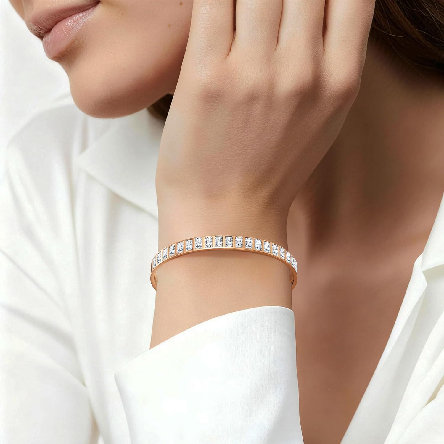 18K Gold/Rose Gold Plated Bracelets for Women, 5A Sparkling Square Cubic Zirconia Waterproof Never Tarnish Bangle Bracelet Jewelry, Equipped with Gift Box, Valentines Mother's Day Birthday Christmas Gifts for Women - Image 2