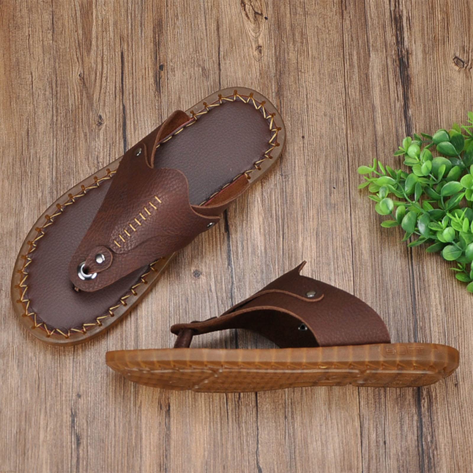 GHYUB Chanclas para Playa De Verano Zapatos De Piscina, Pantuflas con Parte Inferior De Tendón De Res Chanclas De Piel De Vaca De Primera Capa para Hombres Cuero Suave Sandalias