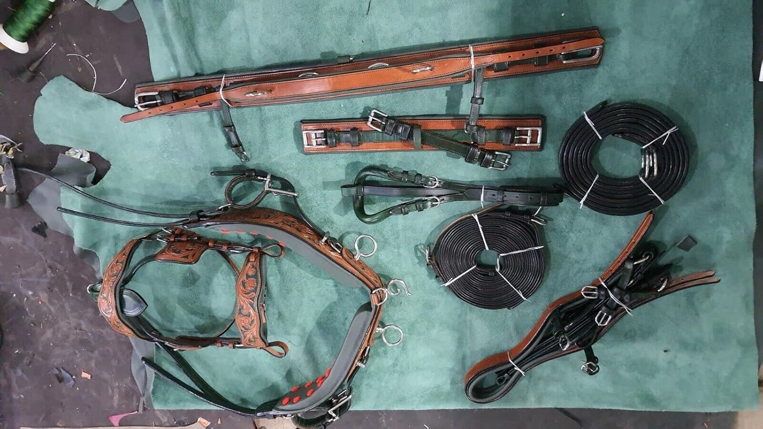 Designer Natural Green color Leather Carved Driving Harness For Single Horse Cart In 4 Size