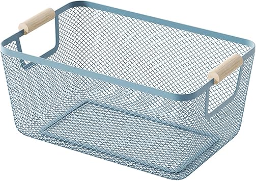 AJIODA Metal Mesh Steel Basket, Medium Wire Storage Organizer Basket Multi-function Hanging Kitchen Basket with Wood Handle for Kitchen Bathroom Picnic Home, Rectangle-Blue