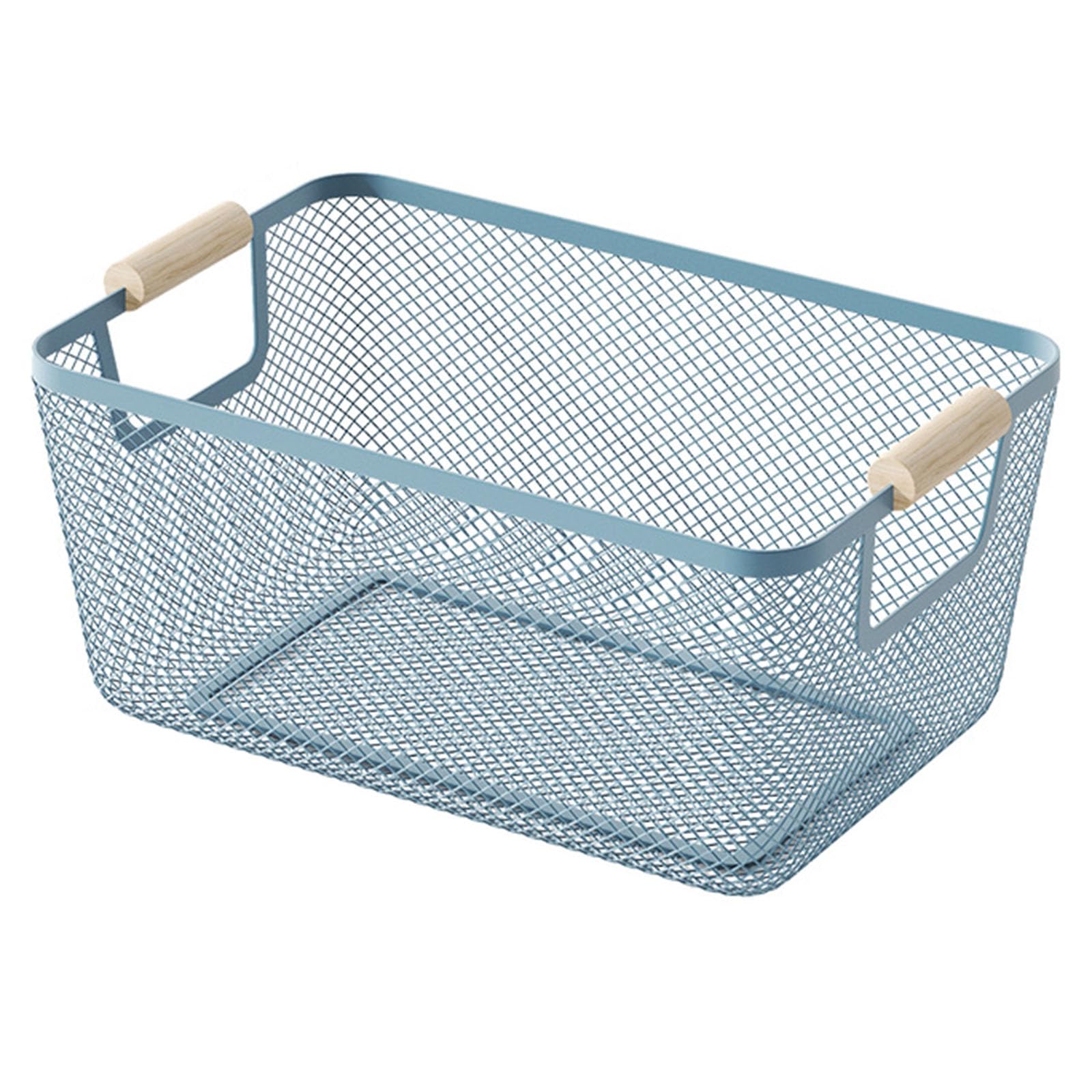 AJIODA Metal Mesh Steel Basket, Medium Wire Storage Organizer Basket Multi-function Hanging Kitchen Basket with Wood Handle for Kitchen Bathroom