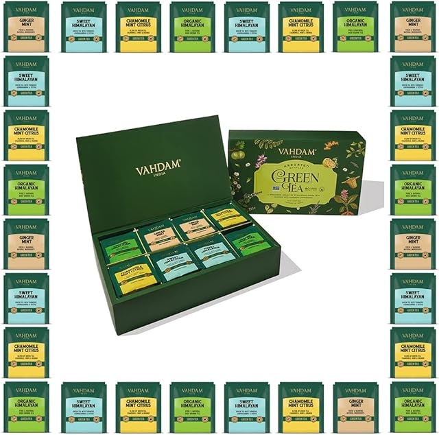 VAHDAM, Green Tea Variety Sampler Pack (80 Tea Bags) Valentines Day Gifts for Him/Her | Assorted Green Tea Gift Set: Lemon Ginger Tea, Chamomile Tea, Moringa Tea | Gifts for Women/Men