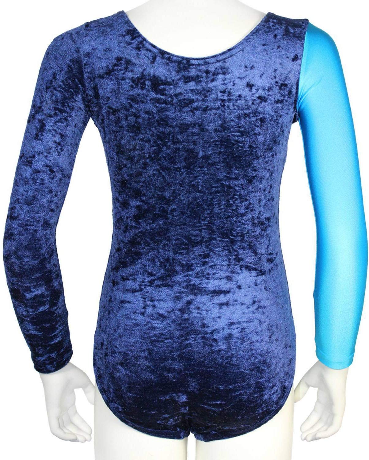 Turnanzug Java Spezial - Dunkelblau/Silber/Türkis – Mädchen Langarm Gymnastikanzug | Gymnastik-Trikot/Turnbody aus Samt für Turnen & Gymnastik mit Rundhalsausschnitt – Made in Germany
