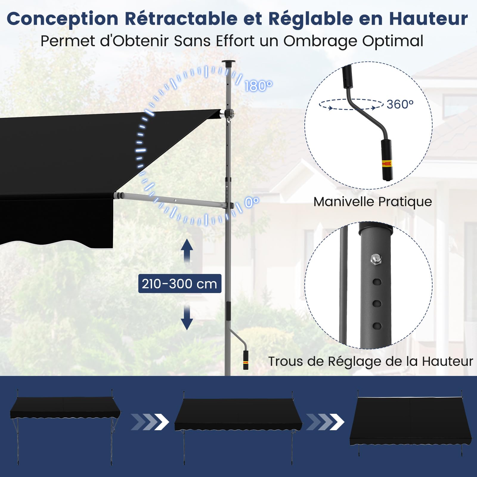 COSTWAY Store Banne Manuel Rétractable de 4 x 1,2M avec Manivelle Hauteur Réglable 210-300CM, Auvent de Terrasse en Aluminium Tissu Oxford Imperméable Anti UV, pour Blacon et Porte (Noir)