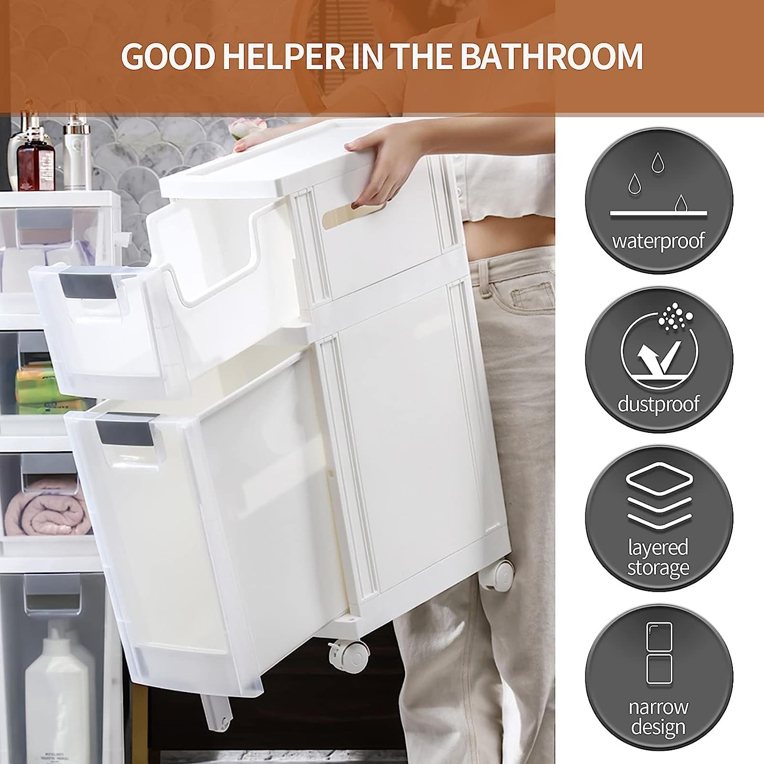 2/3/4-Tiers Bathroom Floor Storage Cabinet, Slim Toilet Storage Cabinet Storage Tower with Plastic Drawers and Casters, Toilet Paper Storage for Bathroom, Bedroom, Entryway (White) ()