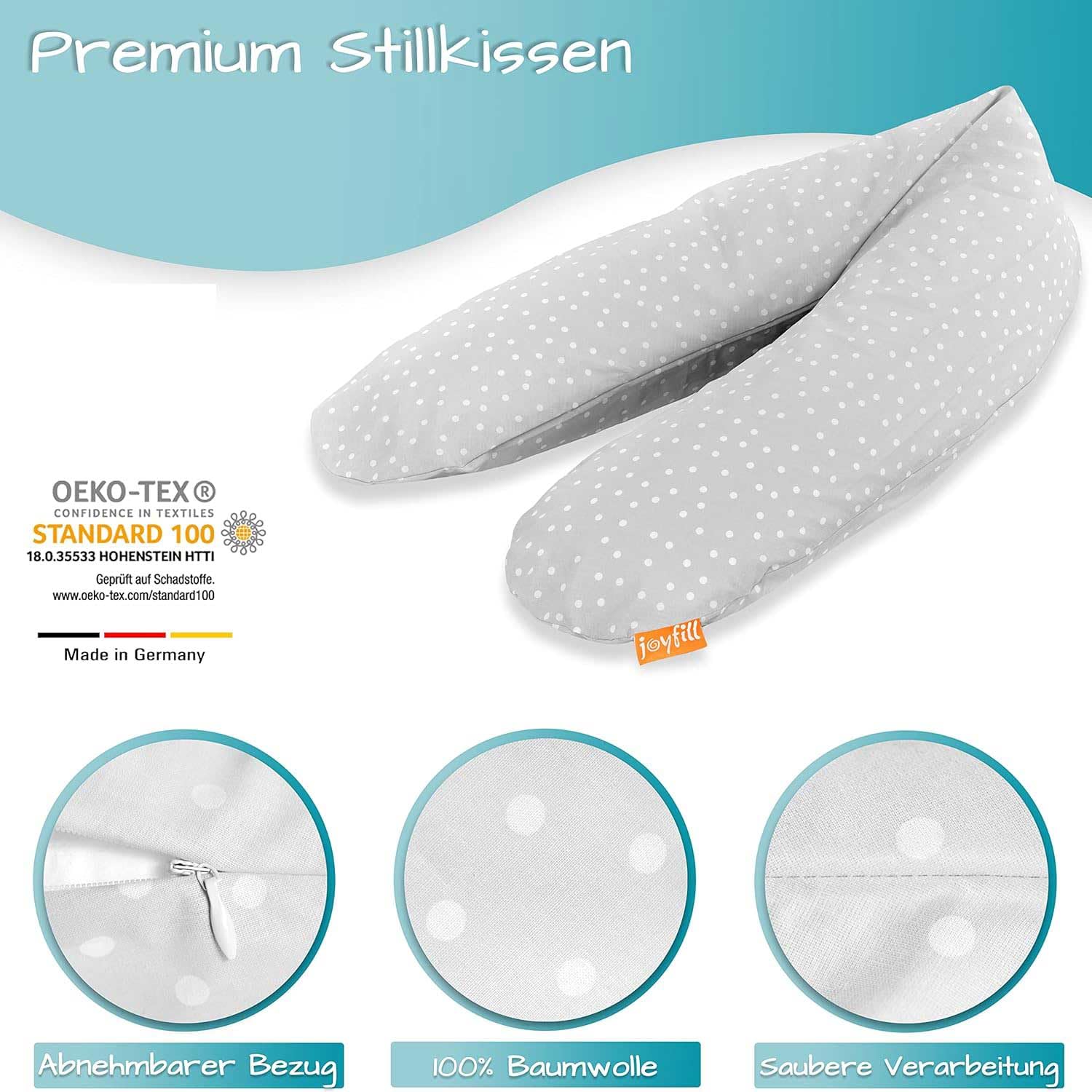 joyfill® Premium Stillkissen Mikroperlen 170cm I Ideal zum Schlafen & Stillen Dank Flüsterleiser & Bequemer Füllung I Stillkissen Seitenschläferkissen 100% Made in Germany I Nursing Pillow