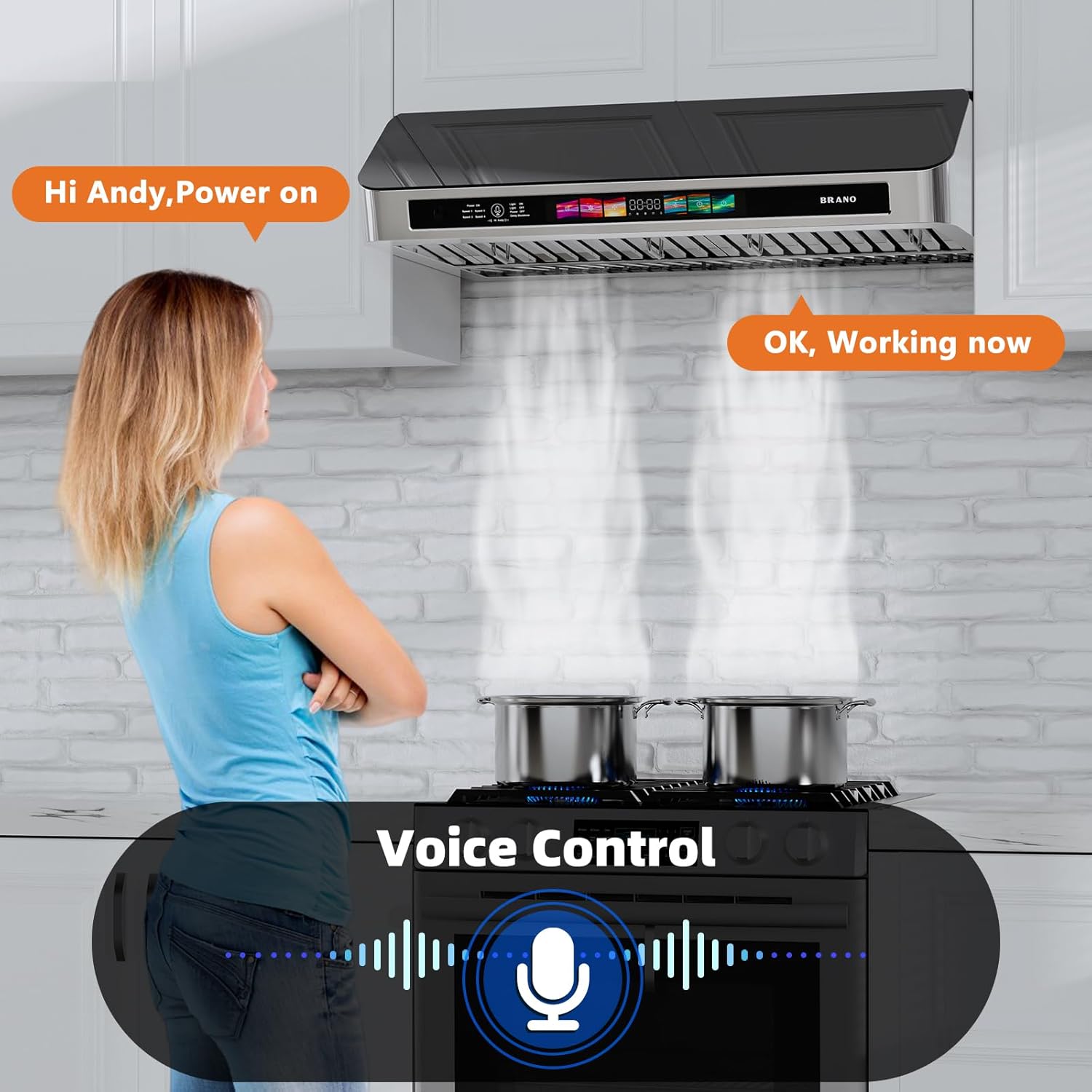 BRANO Under Cabinet Range Hood 30 Inch with Voice/Gesture/Touch Control, 900 CFM Kitchen Hood Vent with 4-Speed Exhaust Fan, Memory Mode, Adjustable Lights, Baffle Filters